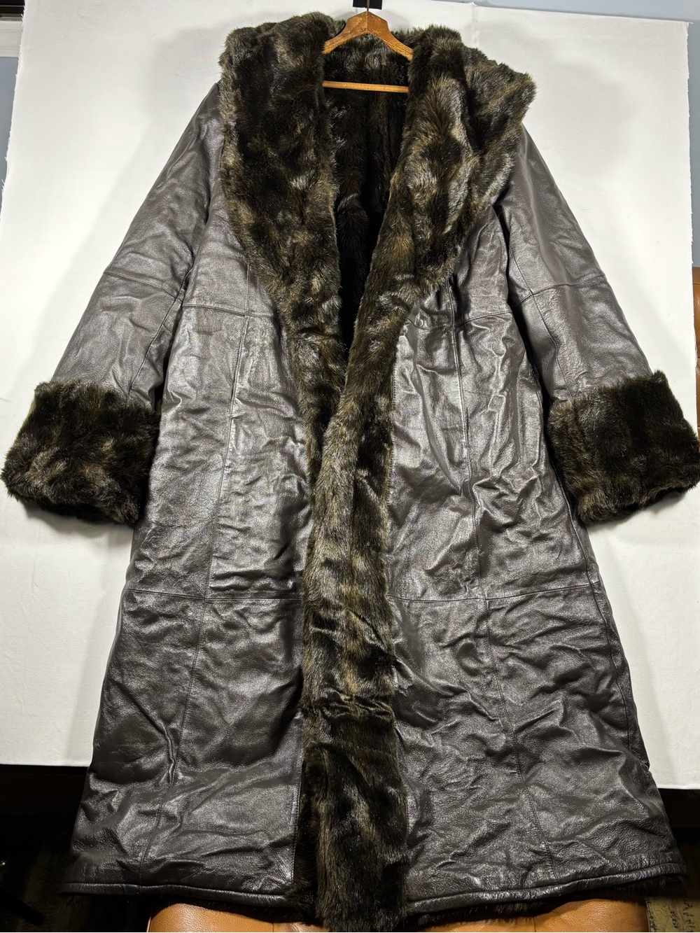 Excelled Collection Women's XL Long Faux Fur Trim Leather Coat - Dark Brown